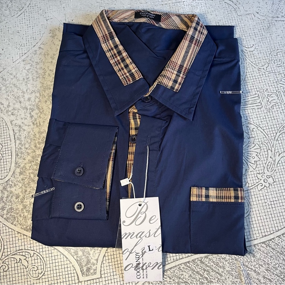 Coofandy Men's Navy Blue Shirt with Plaid Accents Sz L